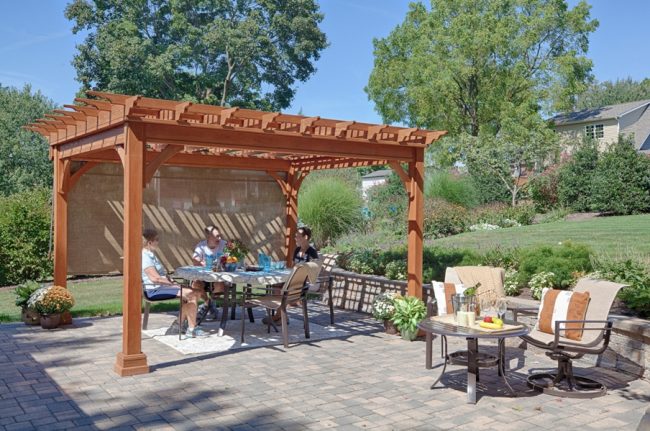 12x12 Traditional Wood Pergola Canyon Brown Stain Burlap EZ Shade Side Curtain 3