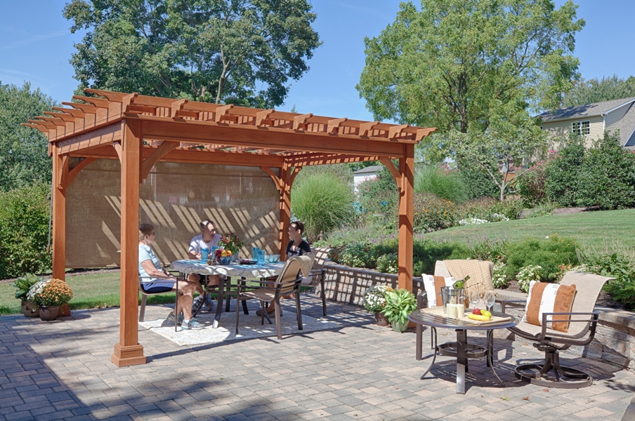 12x12 Traditional Wood Pergola Canyon Brown Stain Burlap EZ Shade Side Curtain 3