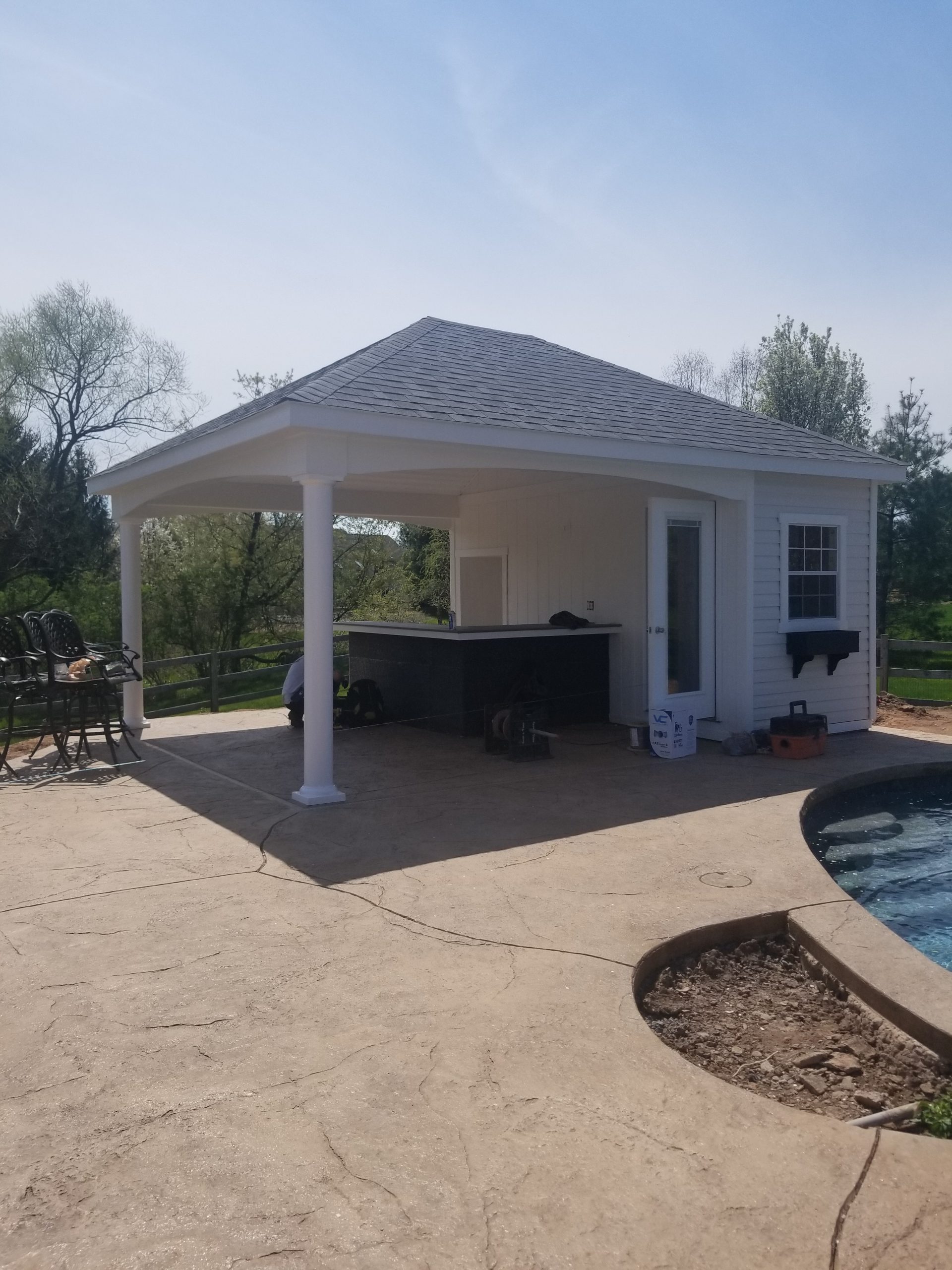 Preston-Small white pool house w/ shingle roof