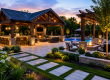 Luxury backyard retreat with a pavilion, pergola, outdoor lounge area, and landscaped surroundings