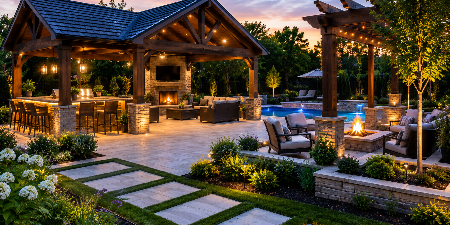 Luxury backyard retreat with a pavilion, pergola, outdoor lounge area, and landscaped surroundings