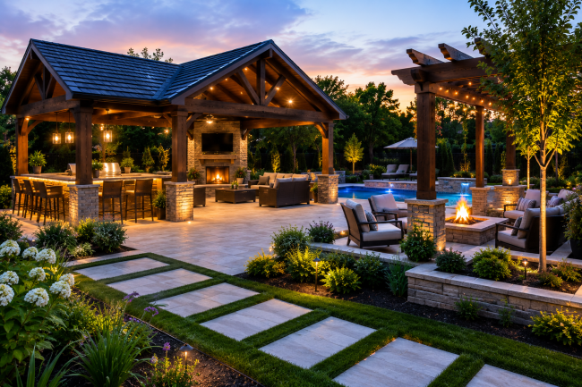Luxury backyard retreat with a pavilion, pergola, outdoor lounge area, and landscaped surroundings