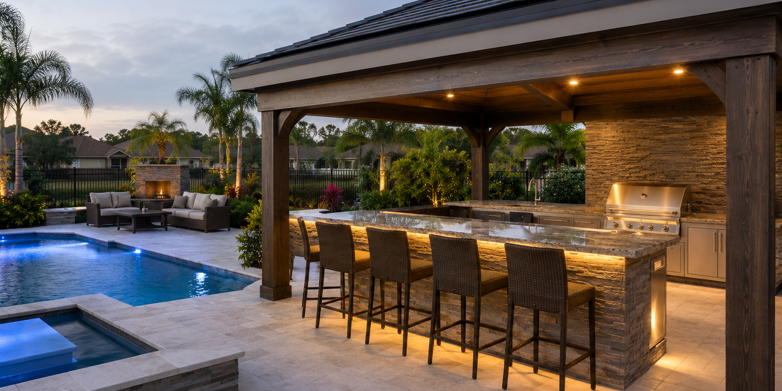 Pool Bar Ideas for Backyard Entertainment Luxury backyard pool area featuring a covered pool bar and outdoor seating