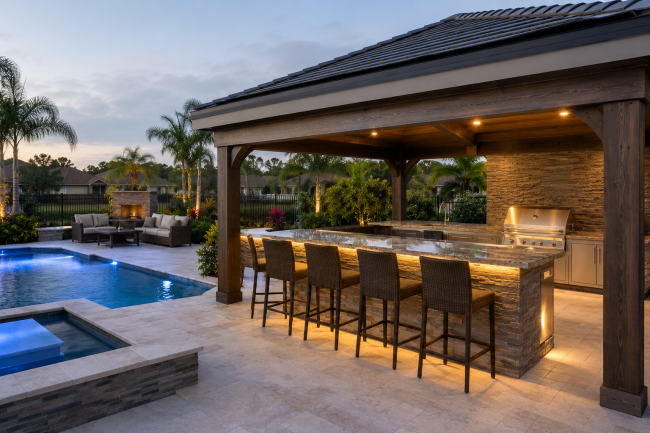 Pool Bar Ideas for Backyard Entertainment Luxury backyard pool area featuring a covered pool bar and outdoor seating