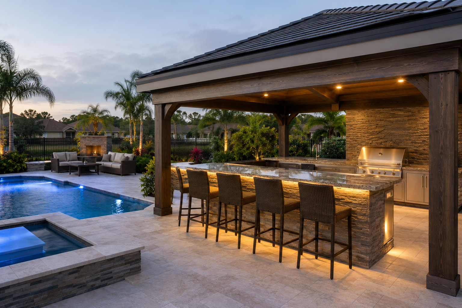 Luxury backyard pool area featuring a covered pool bar and outdoor seating