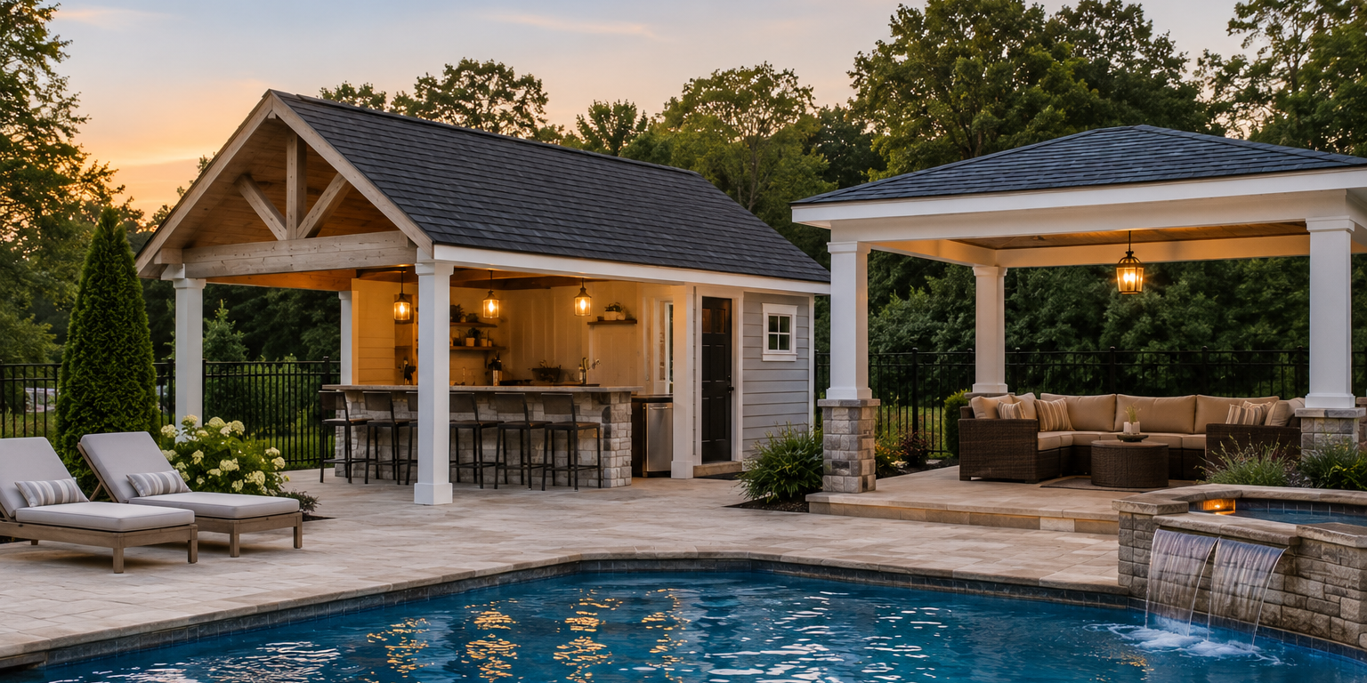 Pool Cabana vs Pool House Comparison Modern pool cabana and enclosed pool house beside a luxury backyard swimming pool