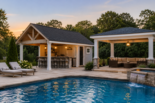 Pool Cabana vs Pool House Comparison Modern pool cabana and enclosed pool house beside a luxury backyard swimming pool
