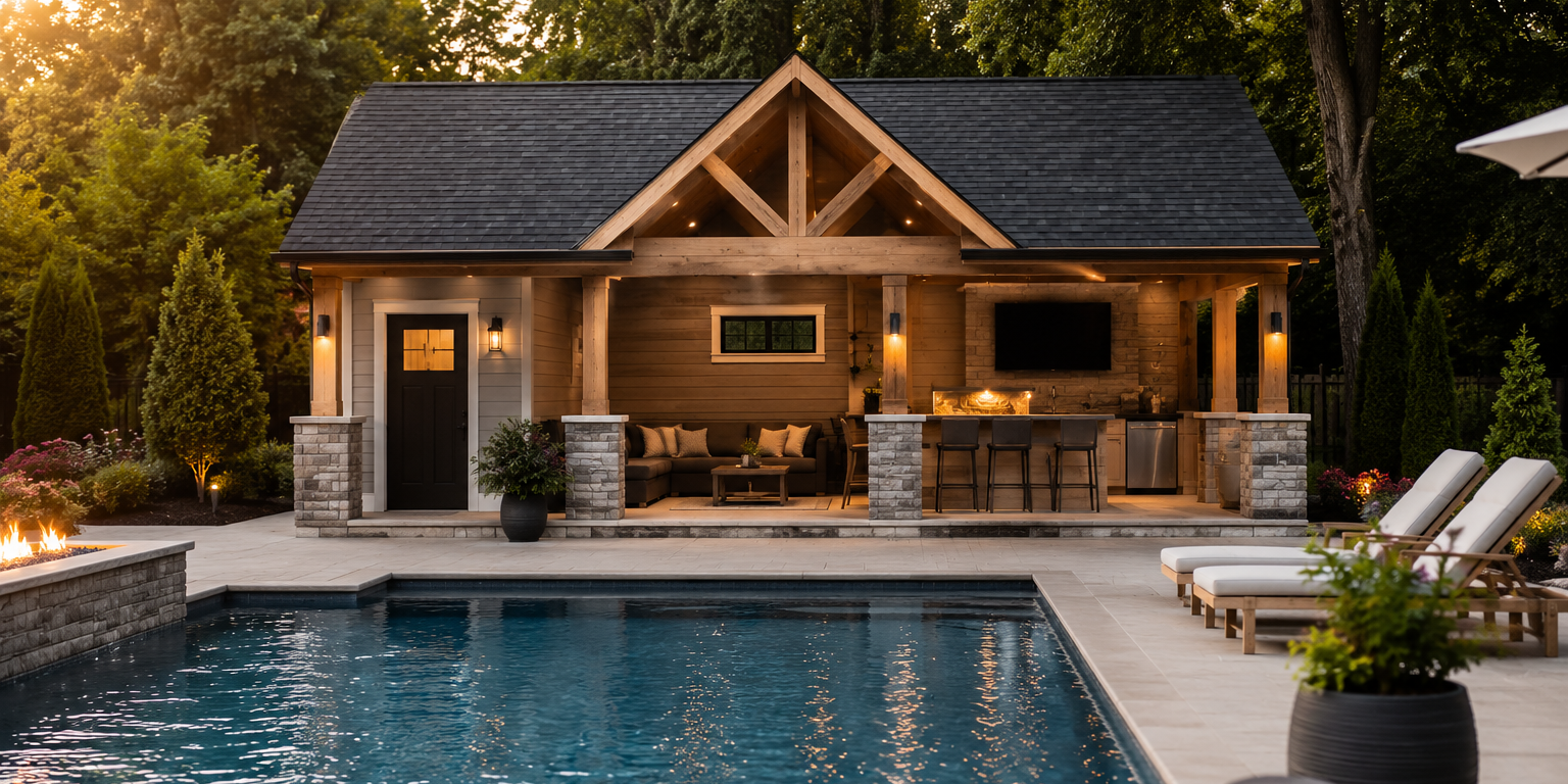 Modern pool house with outdoor seating area beside a backyard swimming pool