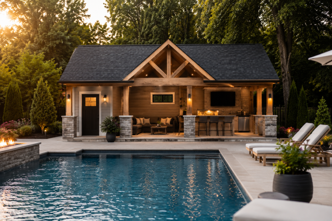 Pool House Ideas for Every Backyard Modern pool house with outdoor seating area beside a backyard swimming pool