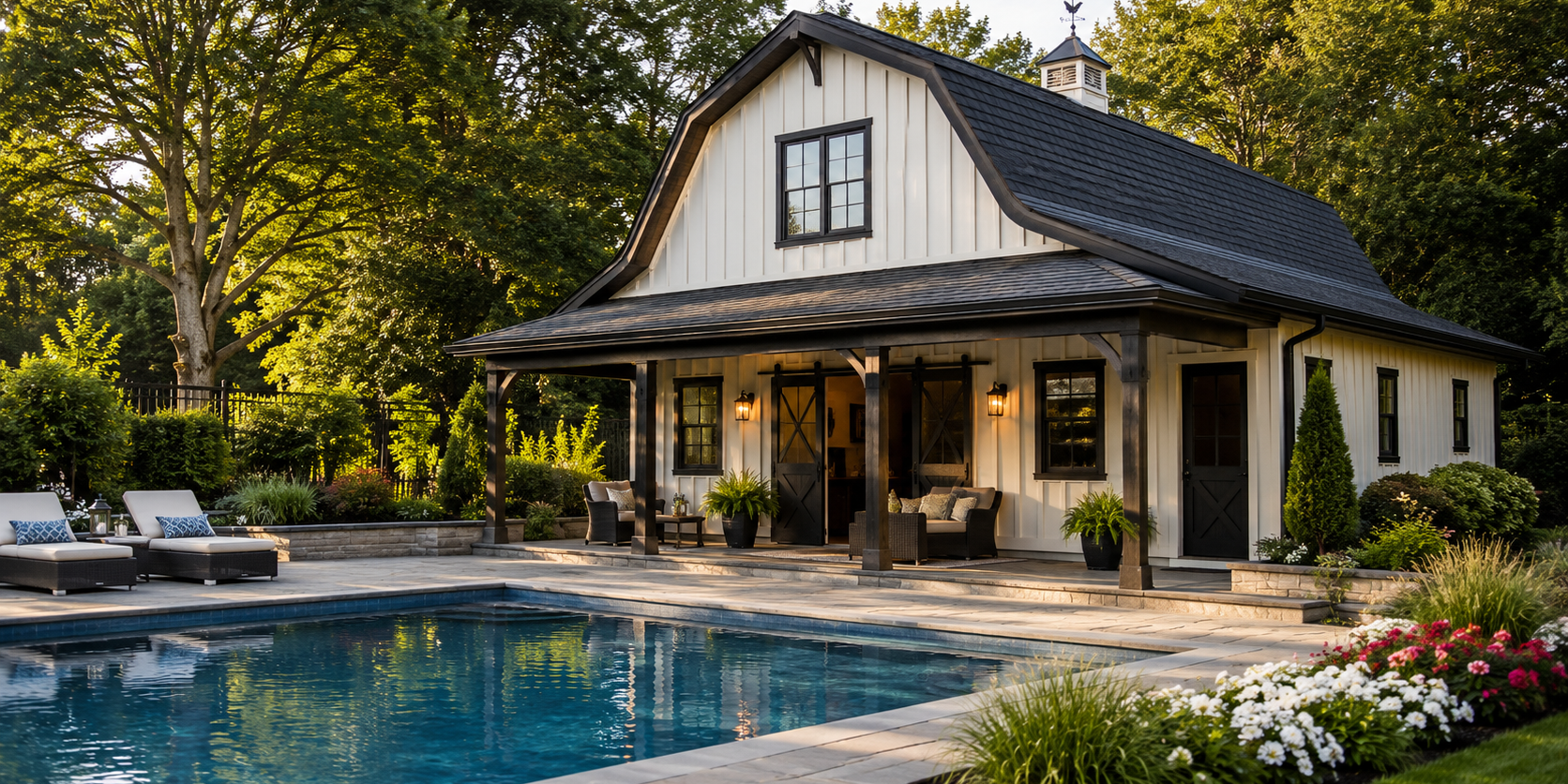 Barn Style Pool Barn Luxury barn-style pool house with a covered porch beside a modern backyard swimming pool.