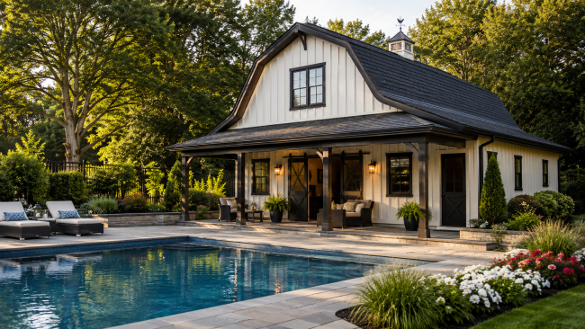 Luxury barn-style pool house with a covered porch beside a modern backyard swimming pool.